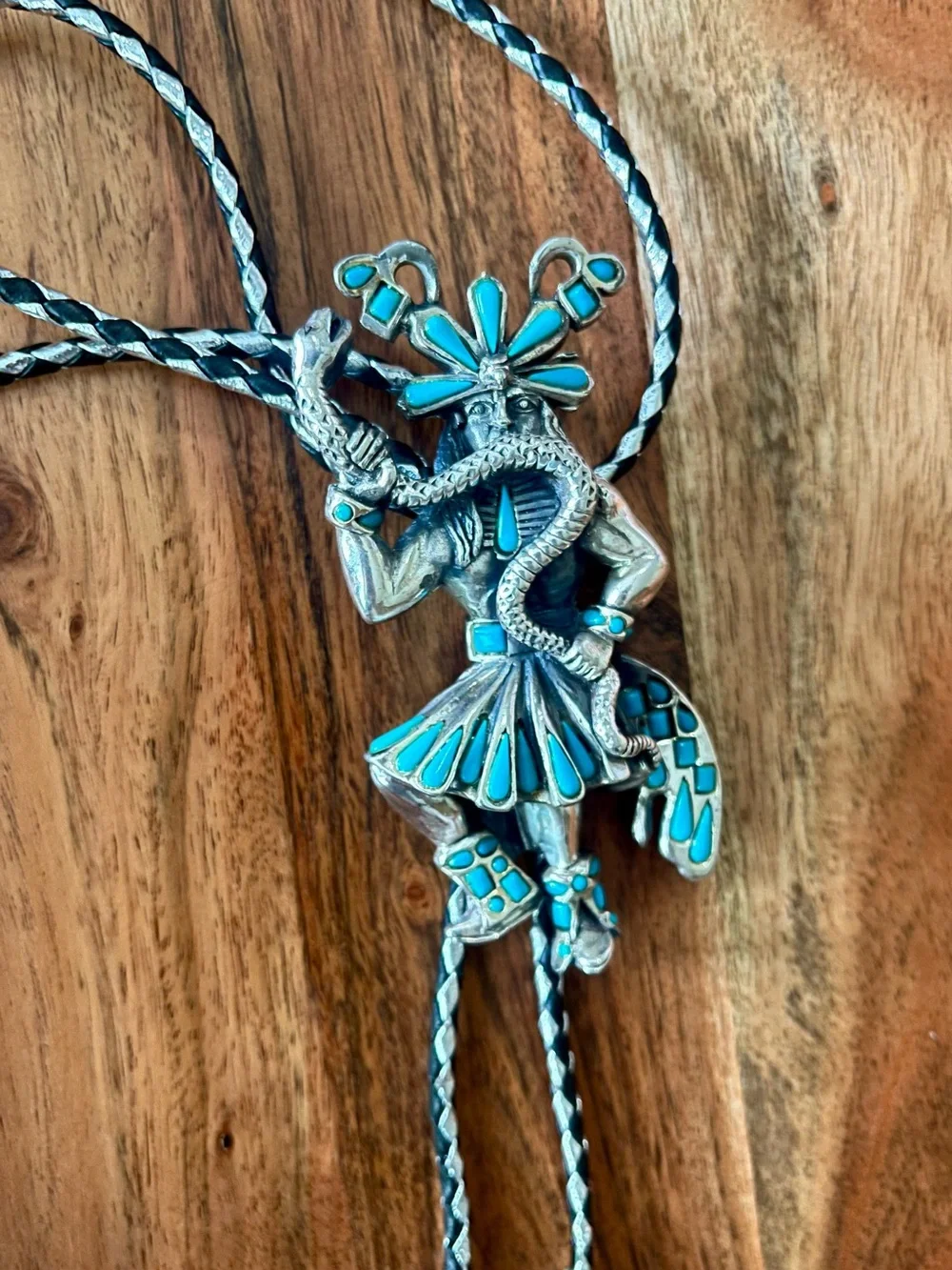 Vintage Southwestern bolo tie silver-toned Kachina dancer with snake